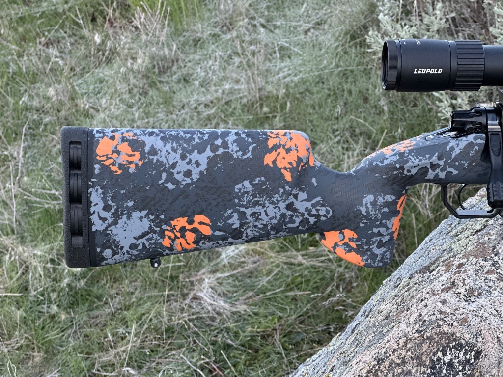 Close-up of the Rifle Raffle stock and camo finish.